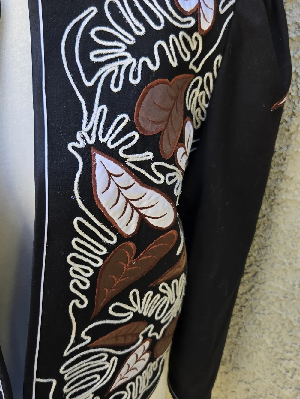 Andre Kim Vintage Black Embroidered Open-Front Jacket - Black/Brown Leaf Motif - Picture 4 of 11